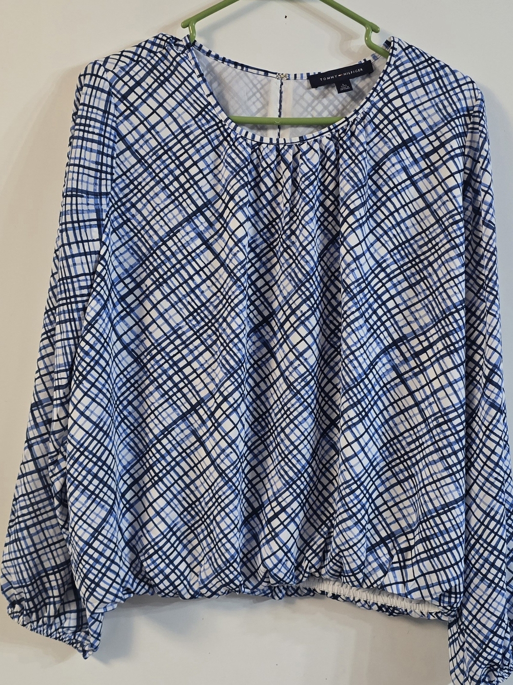 Tommy Hilfiger Navy and White Crosshatch Long-Sleeve Blouse Sz Large.